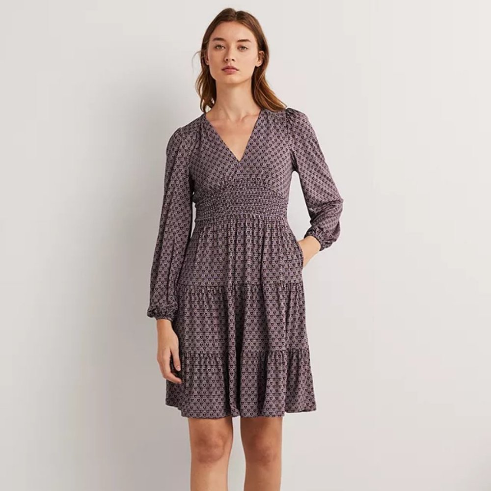 Boden Smocked Waist Tiered Dress, French Navy, Dainty Heart, 4 R